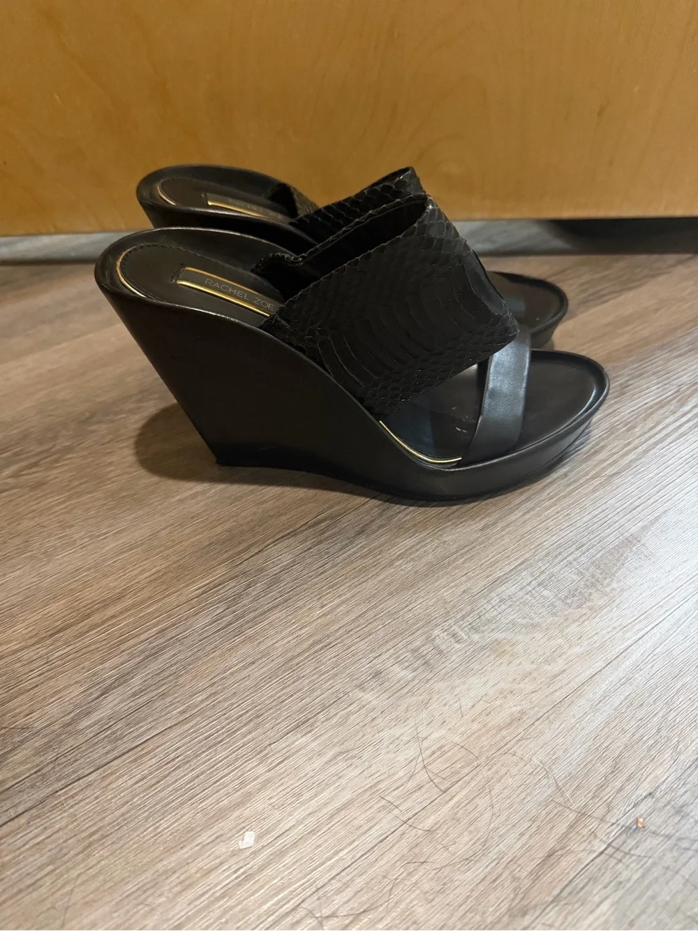 Rachel Zoe Black Textured Platform Wedge Slide Sandals